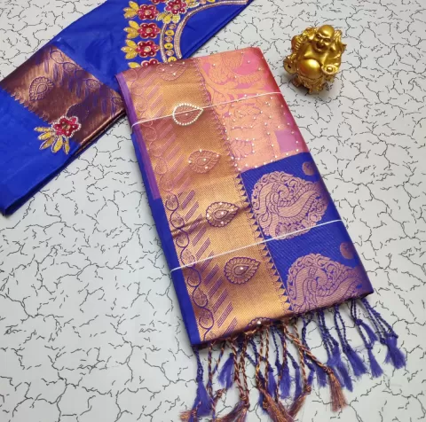 Blue Samuthrika Stone Work and Tessel Saree