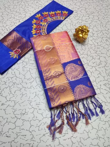 Blue Samuthrika Stone Work and Tessel Saree