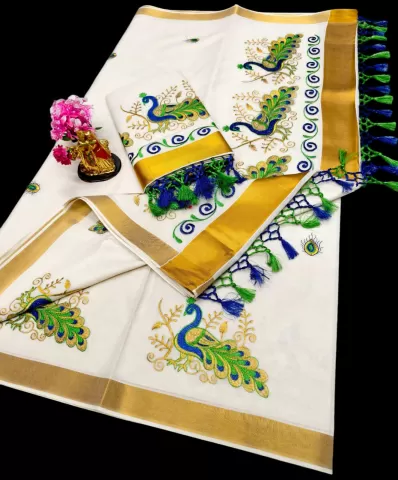 Green Peacock Kerala Kasavu Cotton Saree