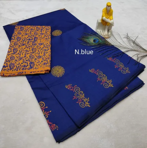 Blue Cotton Mix Printed Saree